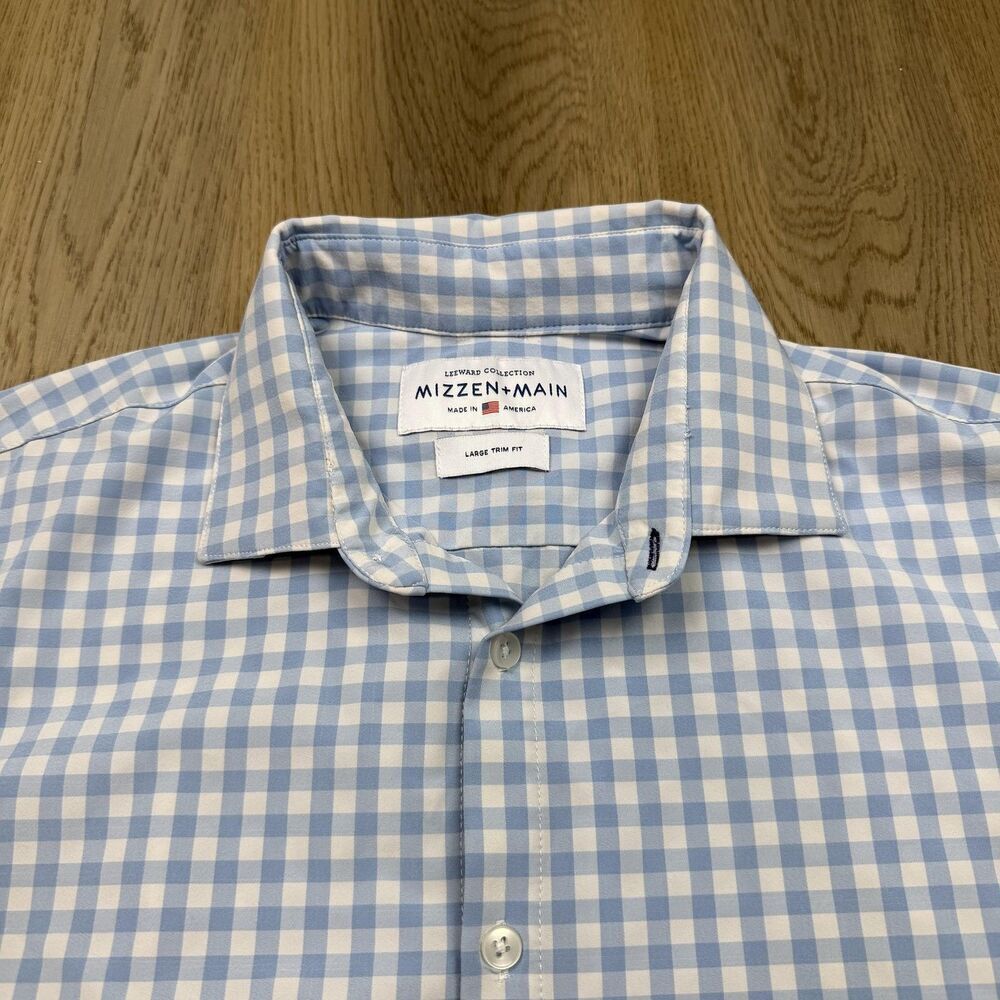 Mizzen + Main Shirt Mens Large Blue Gingham Leeward Trim Fit Dress Button Up - Picture 2 of 10